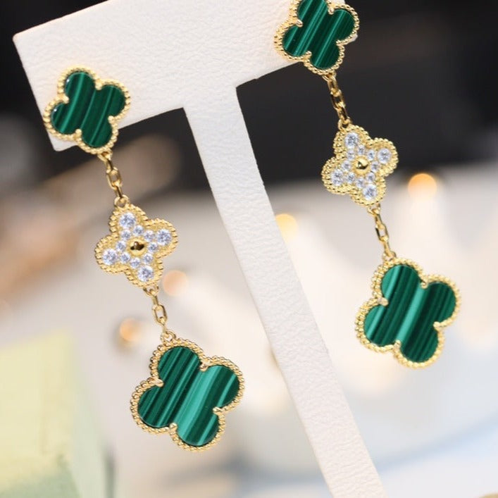 [⭐moonlume]CLOVER EARRINGS GOLD MALACHITE DIAMOND 3 MOTIF