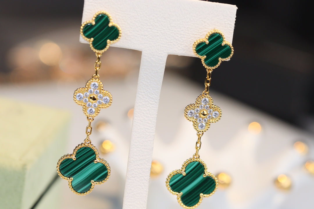 [⭐moonlume]CLOVER EARRINGS GOLD MALACHITE DIAMOND 3 MOTIF
