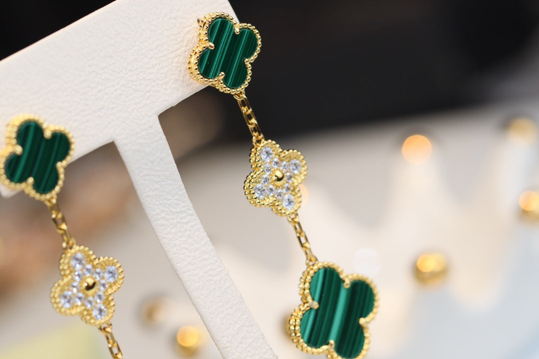 [⭐moonlume]CLOVER EARRINGS GOLD MALACHITE DIAMOND 3 MOTIF