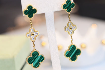 [⭐moonlume]CLOVER EARRINGS GOLD MALACHITE DIAMOND 3 MOTIF