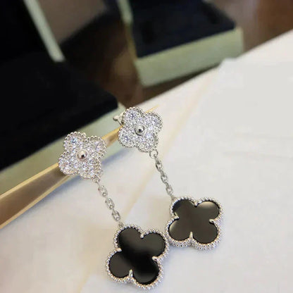 [⭐moonlume]CLOVER 2 MOTIFS  DIAMOND ONYX EARRINGS SILVER