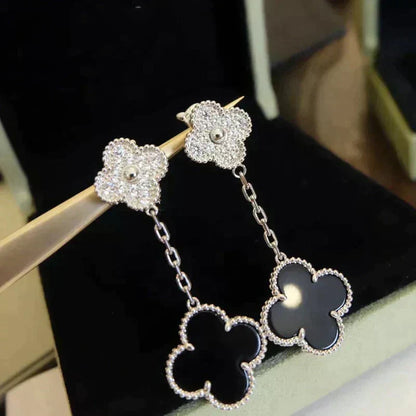 [⭐moonlume]CLOVER 2 MOTIFS  DIAMOND ONYX EARRINGS SILVER