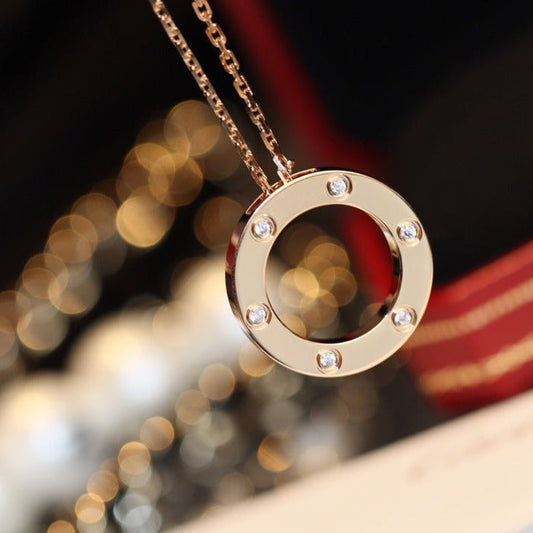 [⭐moonlume]LOVE NECKLACE 16MM 6 DIAMONDS PINK GOLD