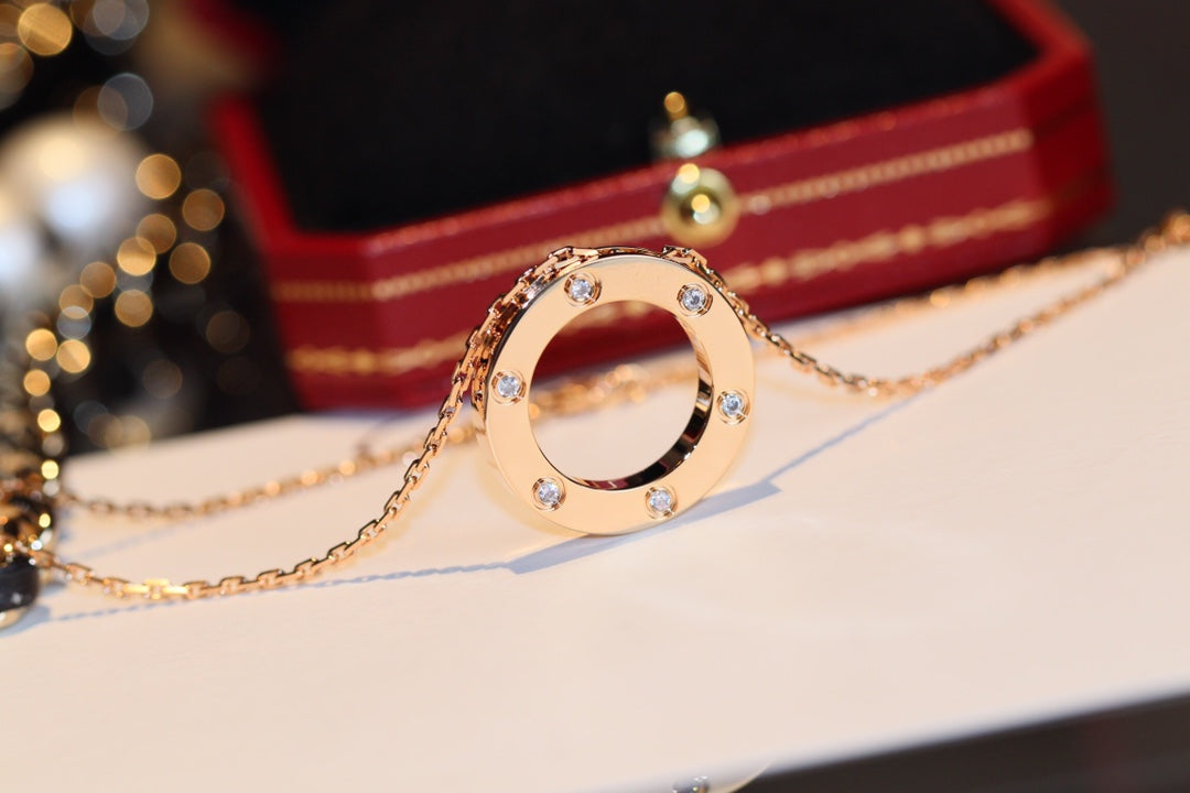 [⭐moonlume]LOVE NECKLACE 16MM 6 DIAMONDS PINK GOLD