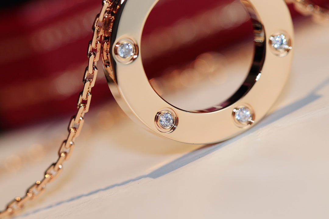 [⭐moonlume]LOVE NECKLACE 16MM 6 DIAMONDS PINK GOLD