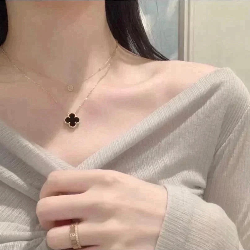 [⭐moonlume]CLOVER 15MM BLACK ONYX SINGLE FLOWER NECKLACE