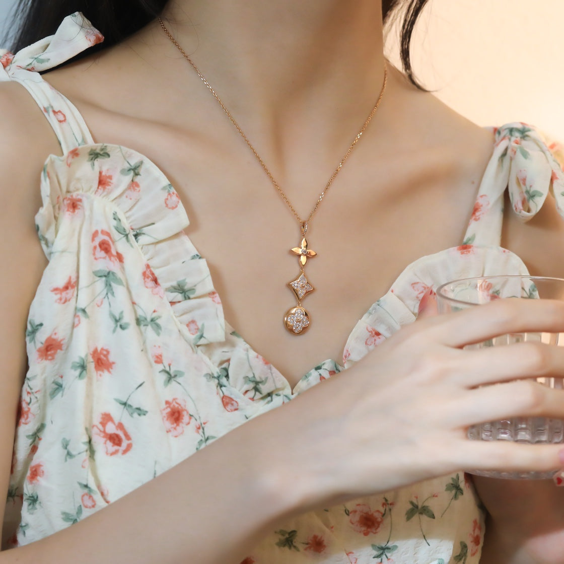 [⭐moonlume]STAR AND SUN DIAMOND PINK GOLD NECKLACE