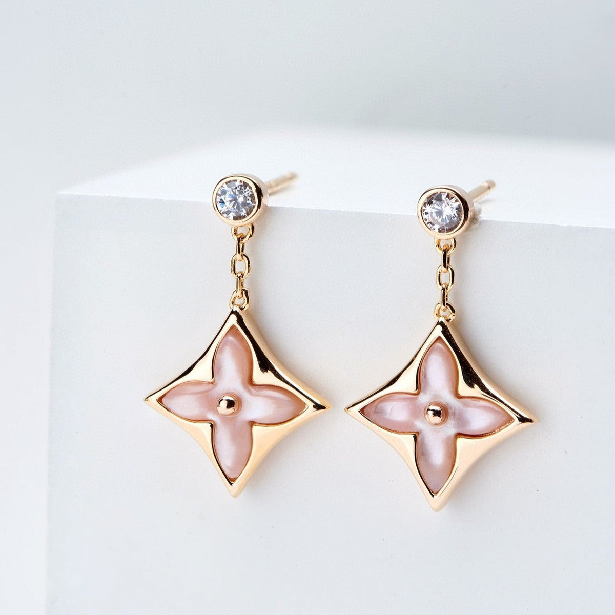 [⭐moonlume]DOUBLE STAR PINK GOLD MOP DROP EARRINGS