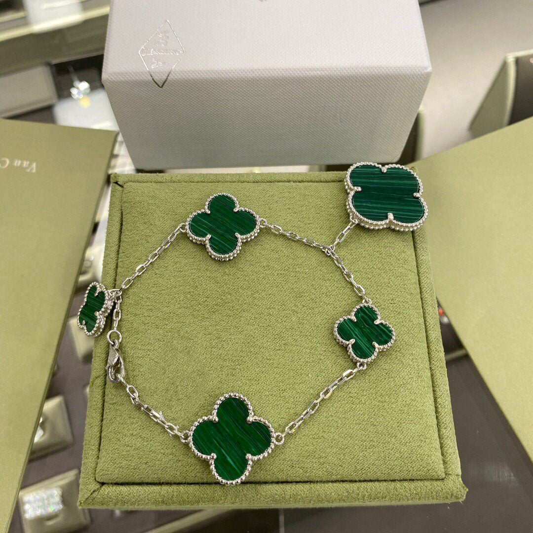 [⭐moonlume]CLOVER 5 MOTIFS SIVLER MALACHITE BRACELET