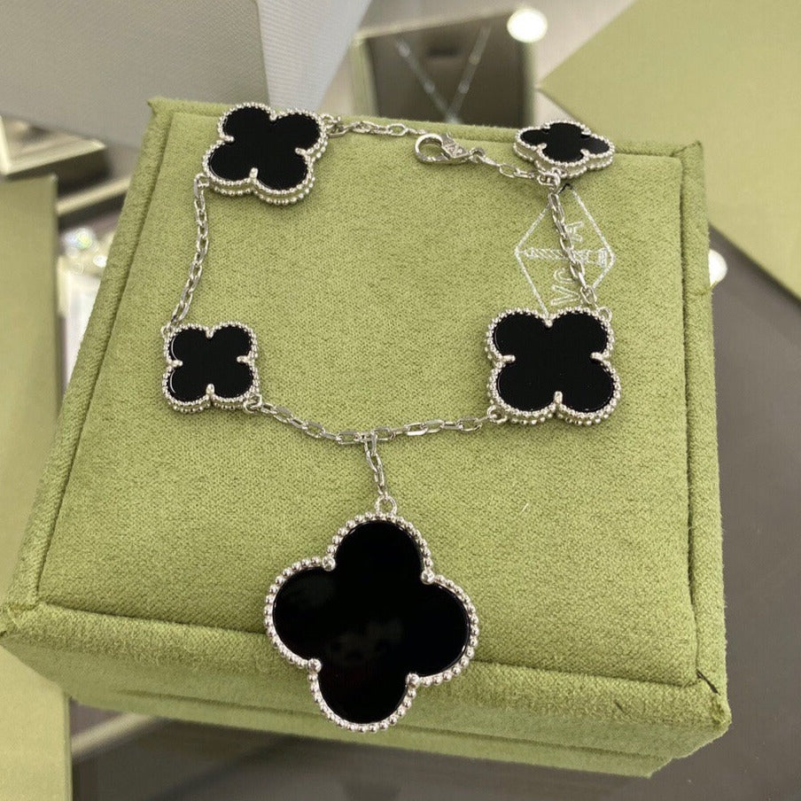 [⭐moonlume]CLOVER 5 MOTIFS SIVLER ONYX BRACELET