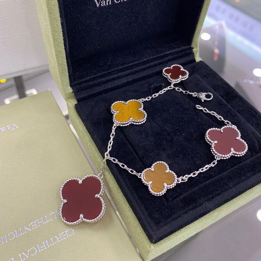 [⭐moonlume]CLOVER 5 MOTIFS SIVLER CARNELIAN TIGER EYE BRACELET