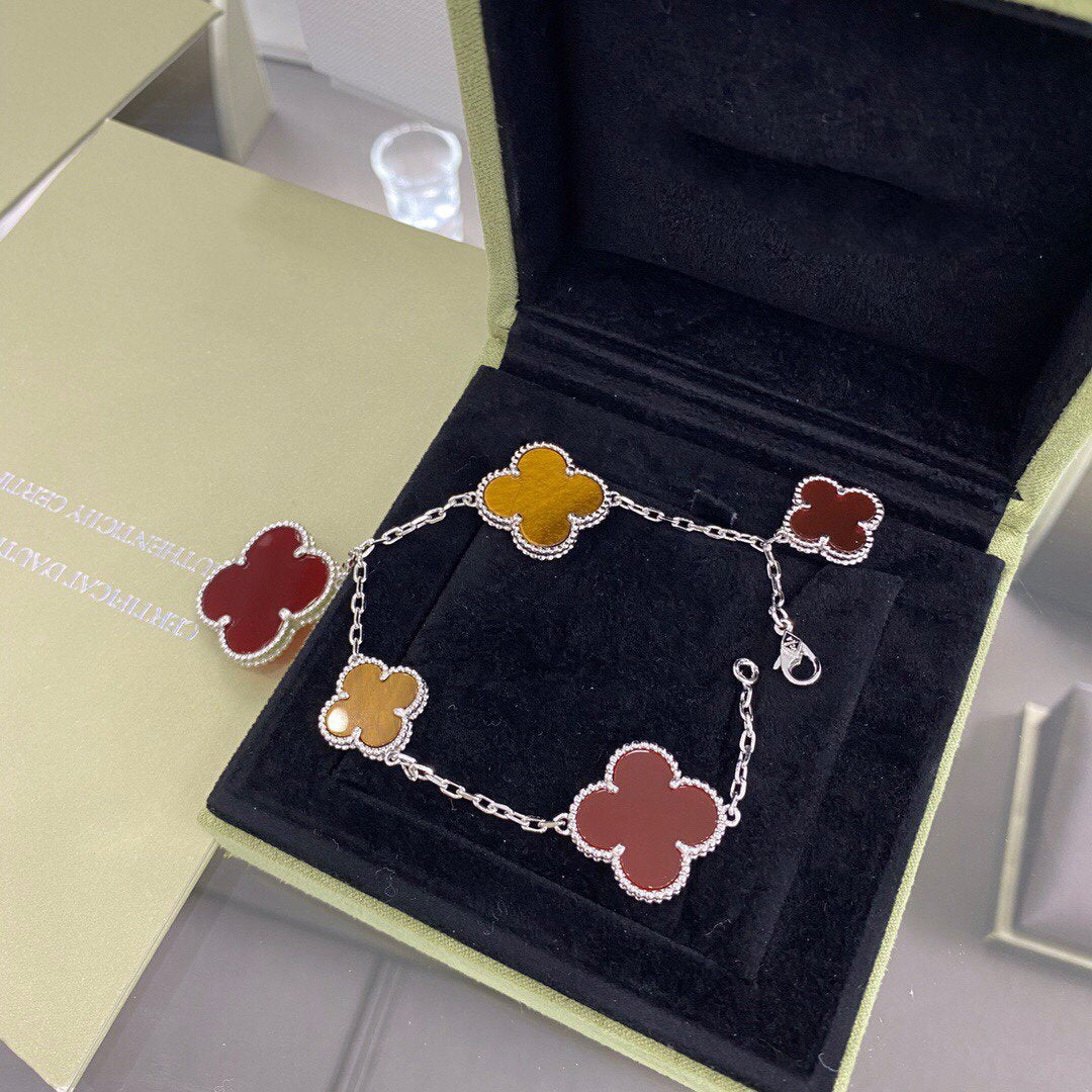 [⭐moonlume]CLOVER 5 MOTIFS SIVLER CARNELIAN TIGER EYE BRACELET