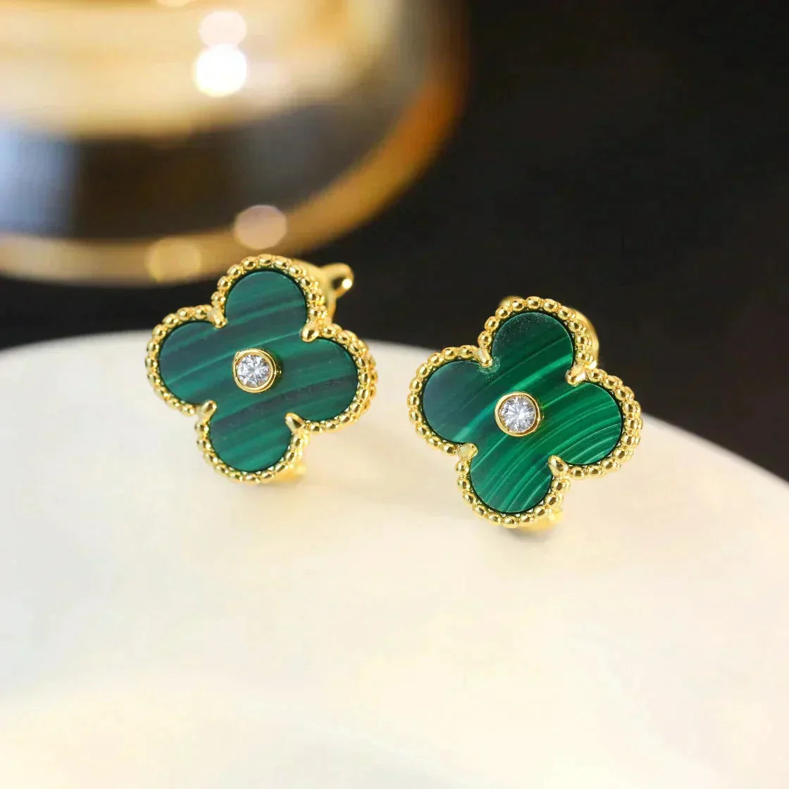 [⭐moonlume]CLOVER MEDIUM 1 MOTIFS MALACHITE DIAMOND EARRINGS