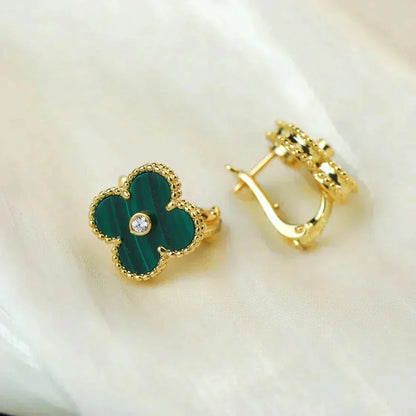 [⭐moonlume]CLOVER MEDIUM 1 MOTIFS MALACHITE DIAMOND EARRINGS