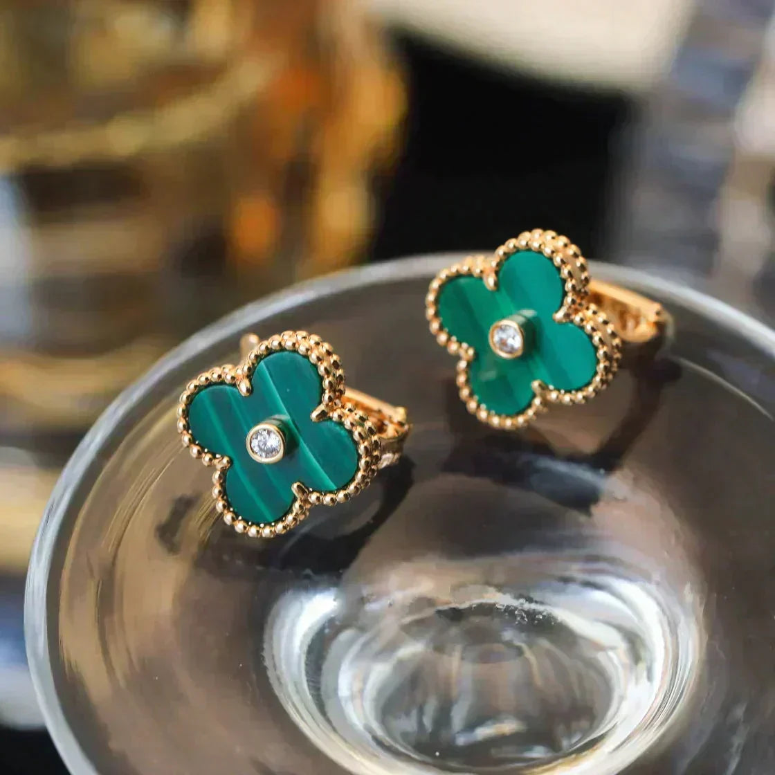 [⭐moonlume]CLOVER MEDIUM 1 MOTIFS MALACHITE DIAMOND EARRINGS