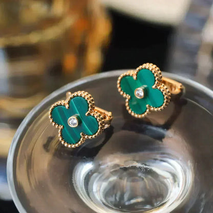 [⭐moonlume]CLOVER MEDIUM 1 MOTIFS MALACHITE DIAMOND EARRINGS