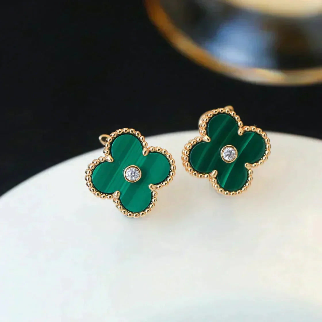 [⭐moonlume]CLOVER MEDIUM 1 MOTIFS MALACHITE DIAMOND EARRINGS