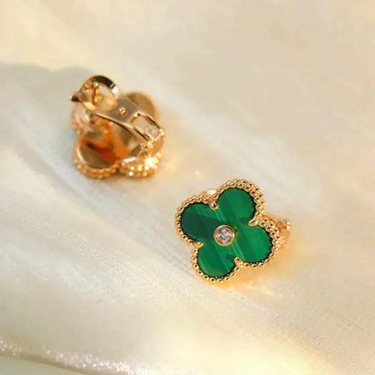 [⭐moonlume]CLOVER MEDIUM 1 MOTIFS MALACHITE DIAMOND EARRINGS