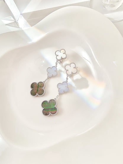 [⭐moonlume]CLOVER 3 MOTIFS CHALCEDONY DARK MOP SILVER EARRINGS