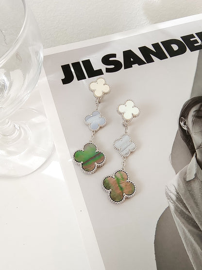 [⭐moonlume]CLOVER 3 MOTIFS CHALCEDONY DARK MOP SILVER EARRINGS