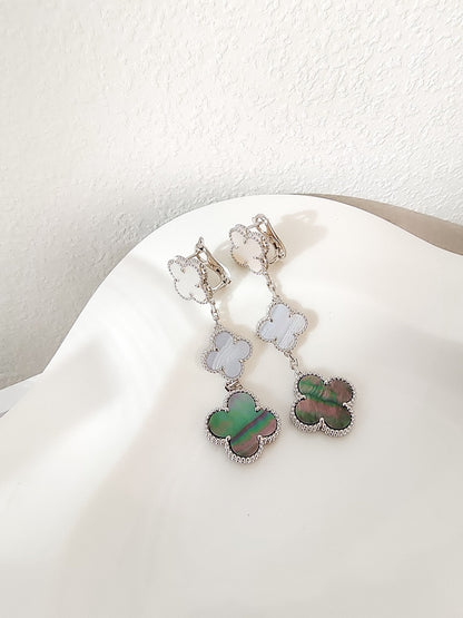 [⭐moonlume]CLOVER 3 MOTIFS CHALCEDONY DARK MOP SILVER EARRINGS