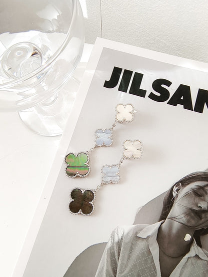 [⭐moonlume]CLOVER 3 MOTIFS CHALCEDONY DARK MOP SILVER EARRINGS