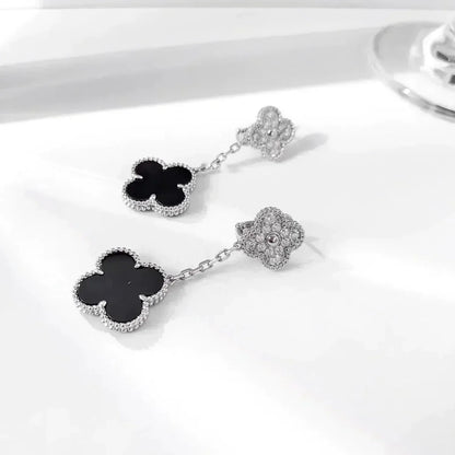 [⭐moonlume]CLOVER 2 MOTIFS  DIAMOND ONYX EARRINGS SILVER