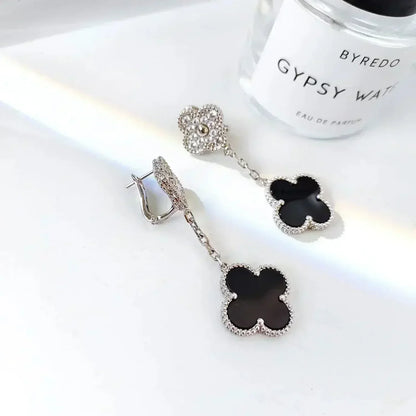 [⭐moonlume]CLOVER 2 MOTIFS  DIAMOND ONYX EARRINGS SILVER