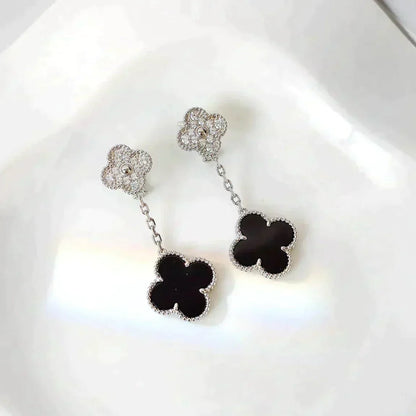 [⭐moonlume]CLOVER 2 MOTIFS  DIAMOND ONYX EARRINGS SILVER