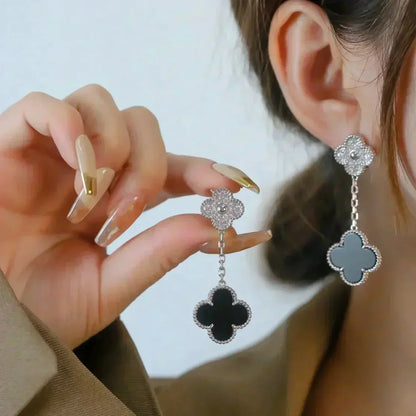 [⭐moonlume]CLOVER 2 MOTIFS  DIAMOND ONYX EARRINGS SILVER