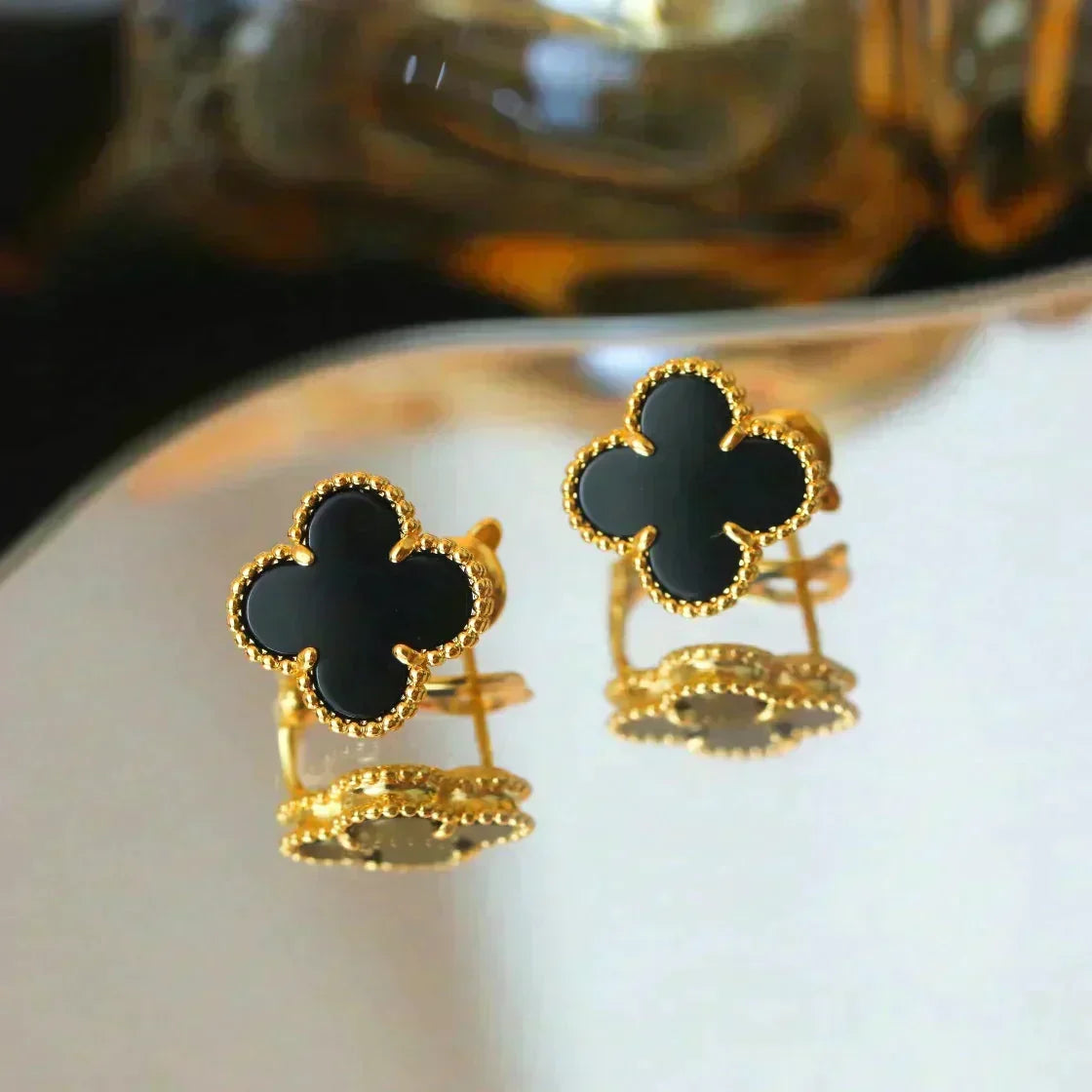 [⭐moonlume]CLOVER MEDIUM 1 MOTIFS  ONYX STUD EARRINGS