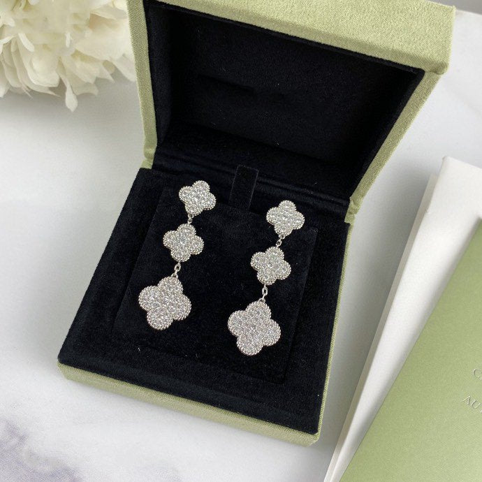 [⭐moonlume]CLOVER 3 MOTIF DIAMOND SILVER DROP EARRINGS