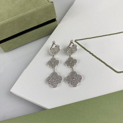 [⭐moonlume]CLOVER 3 MOTIF DIAMOND SILVER DROP EARRINGS