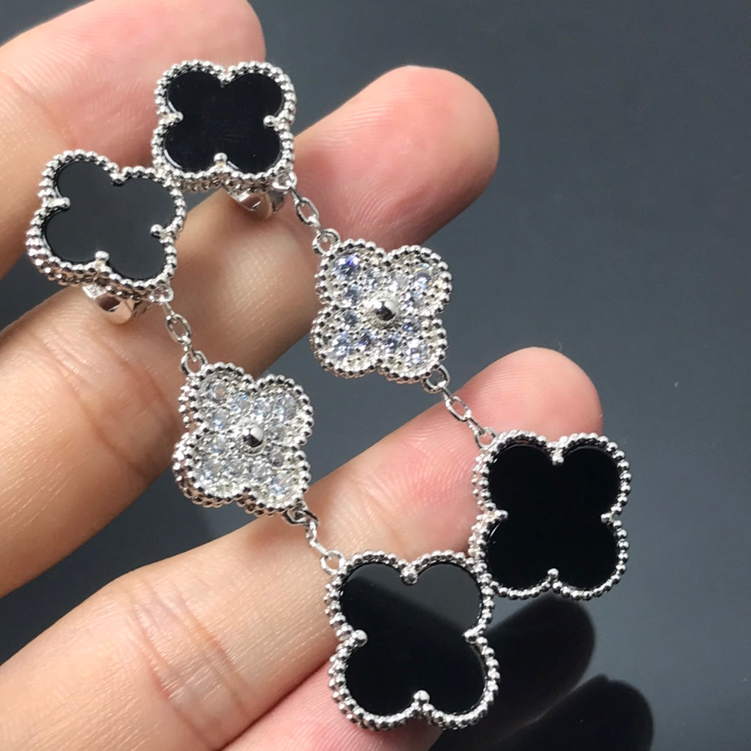 [⭐moonlume]CLOVER 3 MOTIF DIAMOND ONYX SILVER EARRINGS
