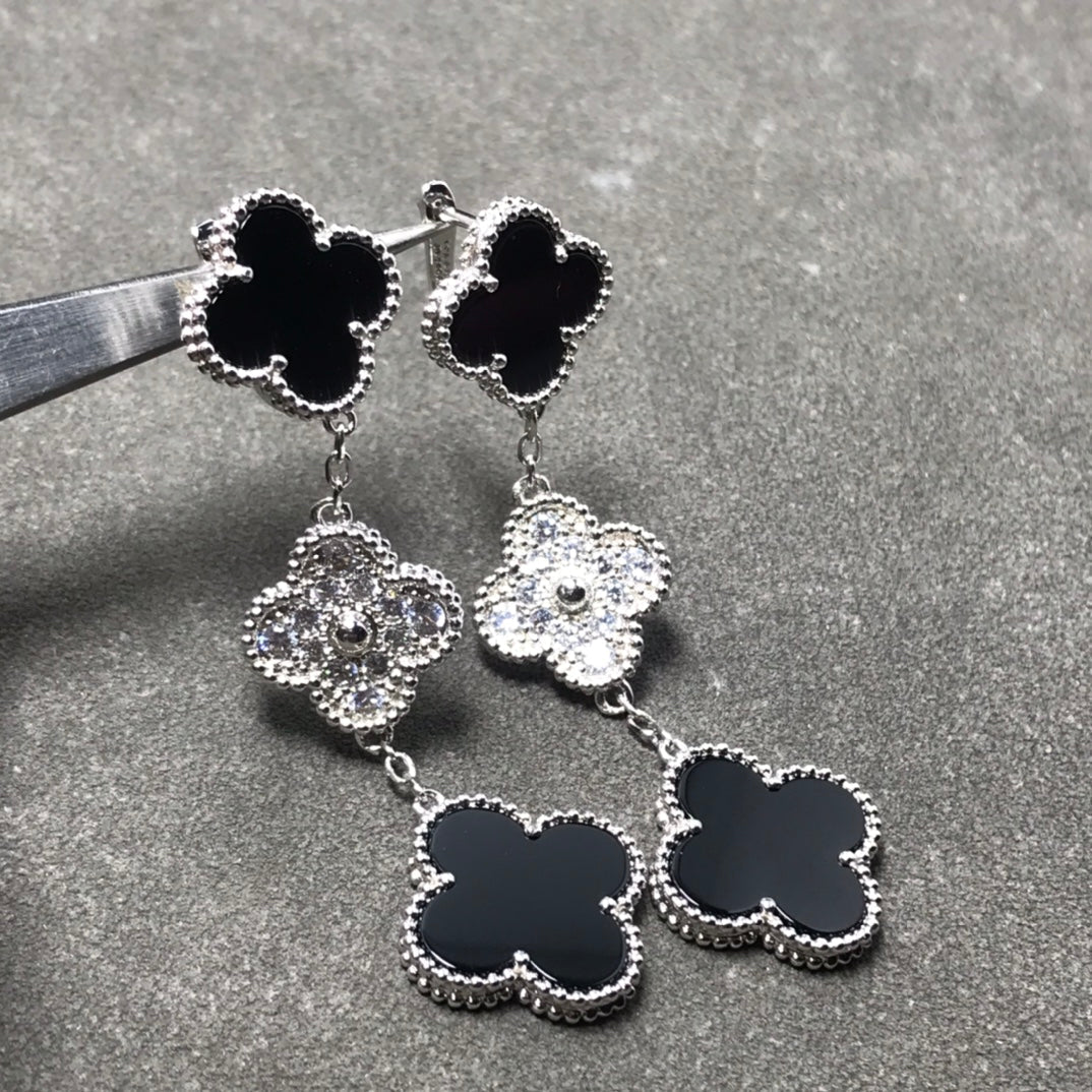 [⭐moonlume]CLOVER 3 MOTIF DIAMOND ONYX SILVER EARRINGS