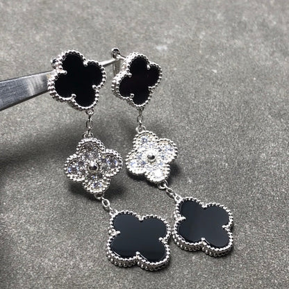 [⭐moonlume]CLOVER 3 MOTIF DIAMOND ONYX SILVER EARRINGS