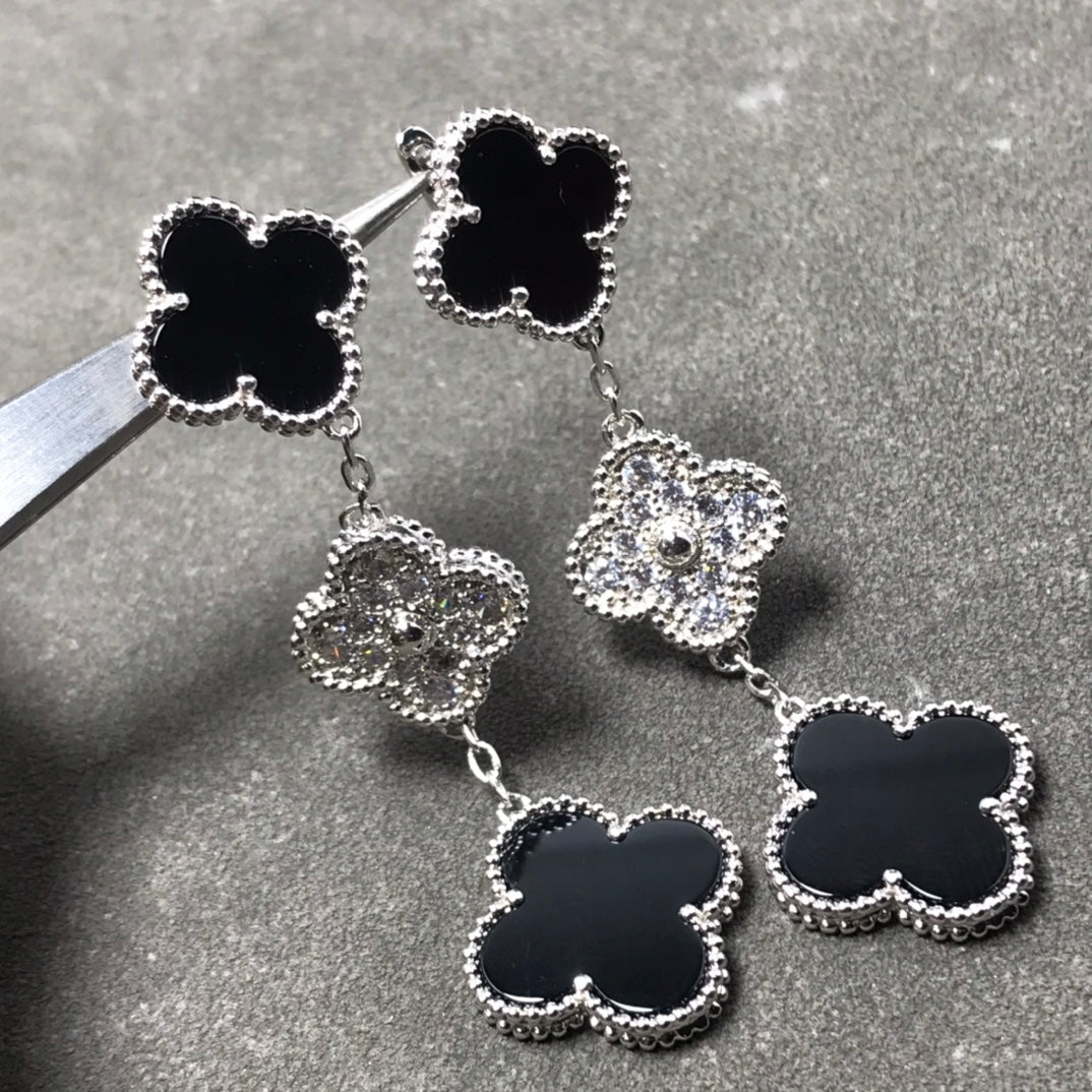 [⭐moonlume]CLOVER 3 MOTIF DIAMOND ONYX SILVER EARRINGS