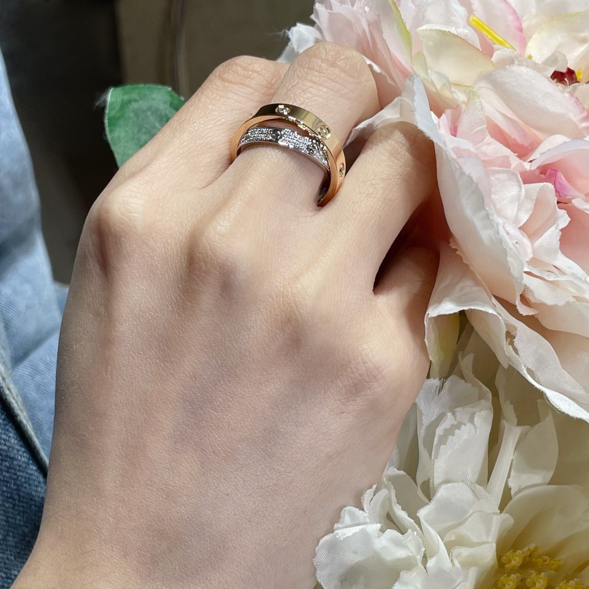 [⭐moonlume]LOVE PINK GOLD SILVER DIAMOND DOUBLE RING