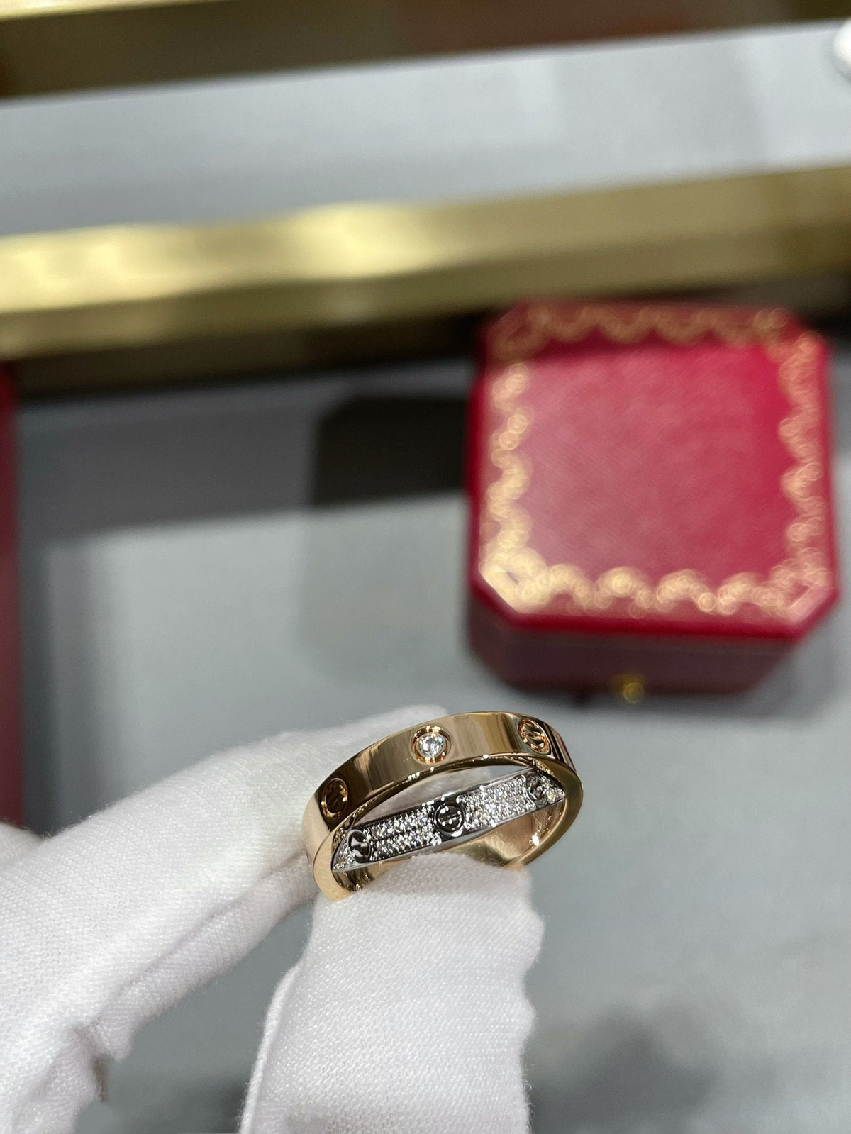[⭐moonlume]LOVE PINK GOLD SILVER DIAMOND DOUBLE RING