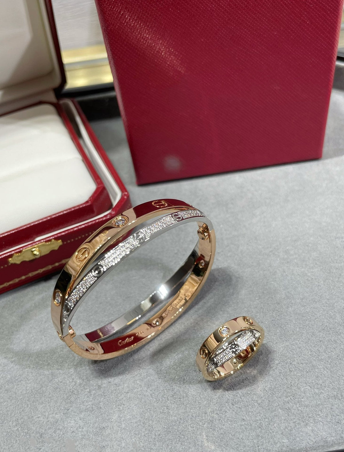[⭐moonlume]LOVE PINK GOLD SILVER DIAMOND DOUBLE RING