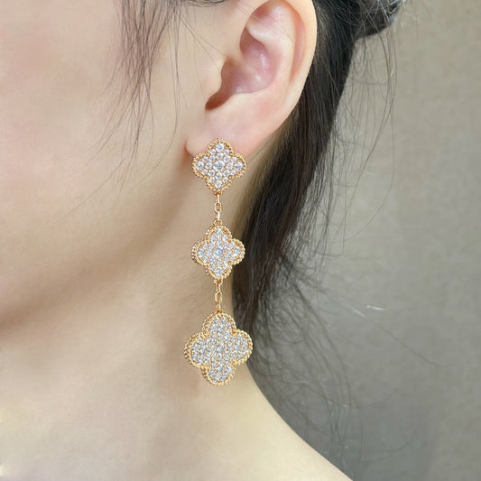 [⭐moonlume]CLOVER 3 MOTIFS DIAMOND PAVED ROSE GOLD EARRINGS