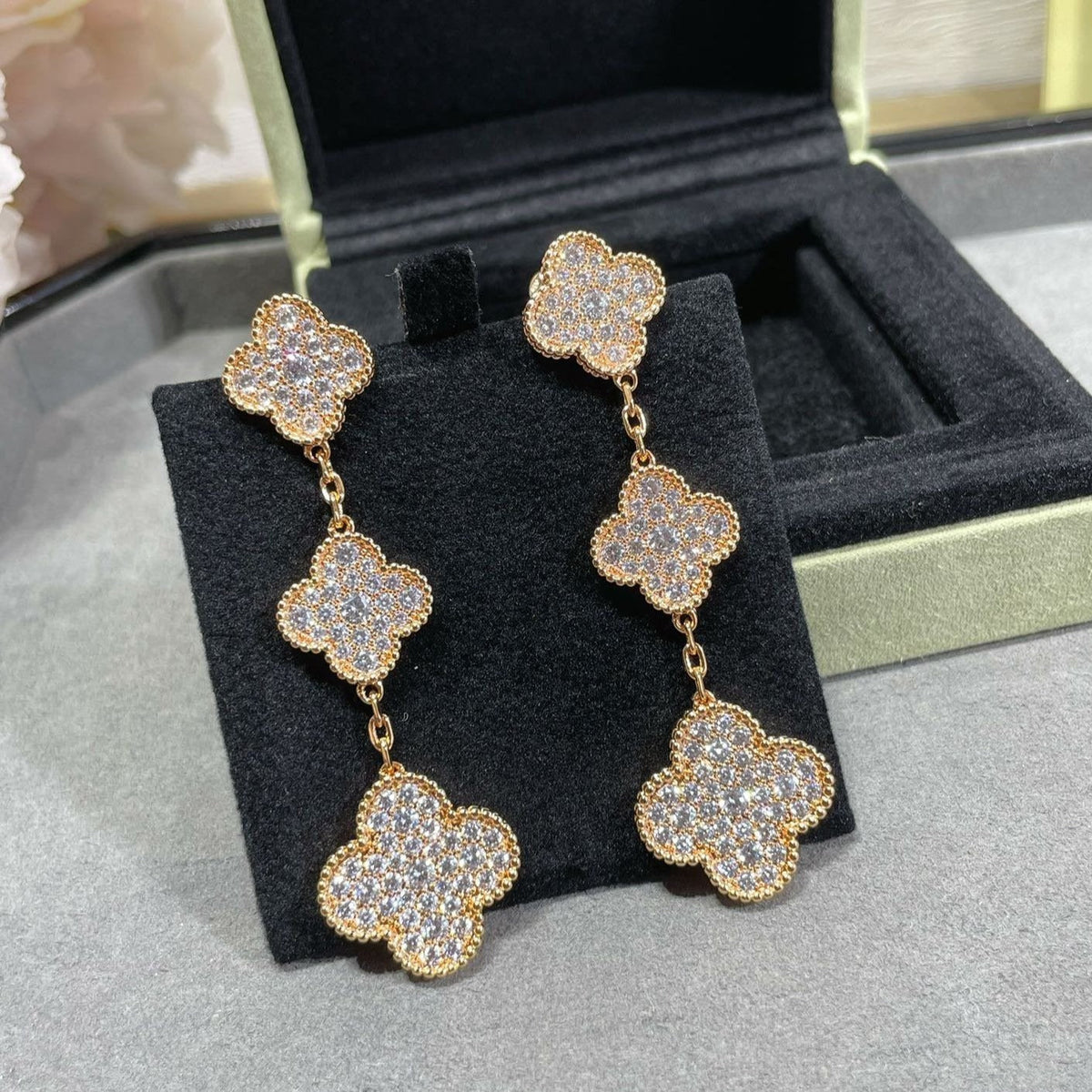 [⭐moonlume]CLOVER 3 MOTIFS DIAMOND PAVED ROSE GOLD EARRINGS