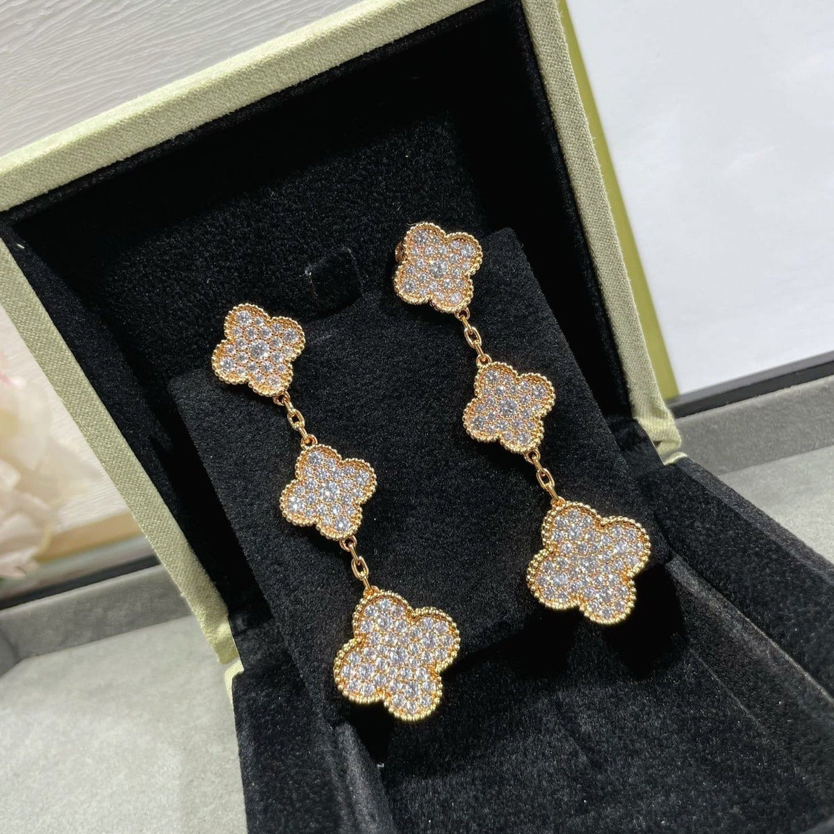 [⭐moonlume]CLOVER 3 MOTIFS DIAMOND PAVED ROSE GOLD EARRINGS