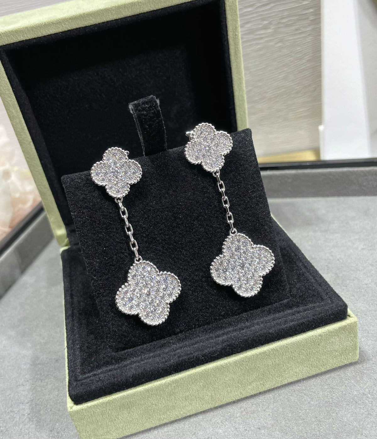 [⭐moonlume]CLOVER 2 MOTIFS DIAMOND PAVED SILVER EARRINGS