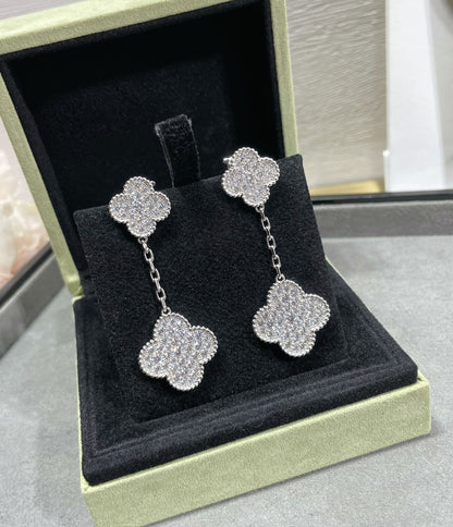 [⭐moonlume]CLOVER 2 MOTIFS DIAMOND PAVED SILVER EARRINGS