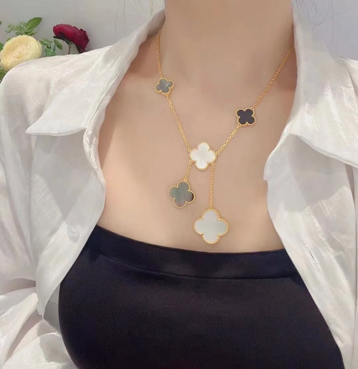 [⭐moonlume]CLOVER 6 MOTIF MOP ONYX GOLD NECKLACE