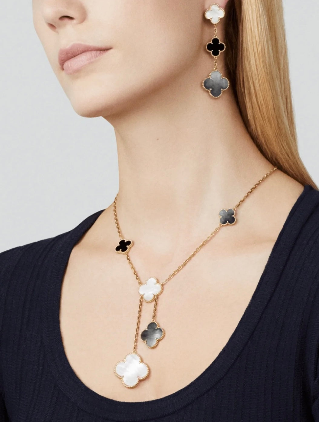 [⭐moonlume]CLOVER 3 MOTIF MOP ONYX DARK MOP PINK GOLD EARRINGS