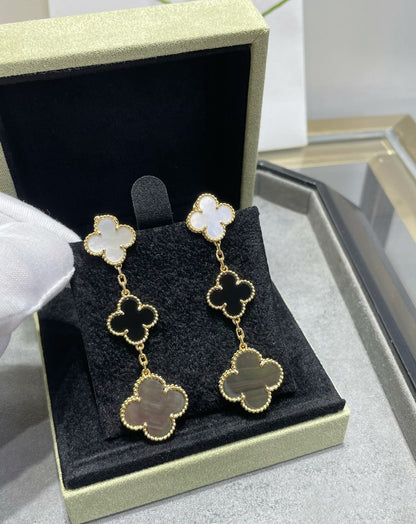 [⭐moonlume]CLOVER 3 MOTIF MOP ONYX DARK MOP PINK GOLD EARRINGS