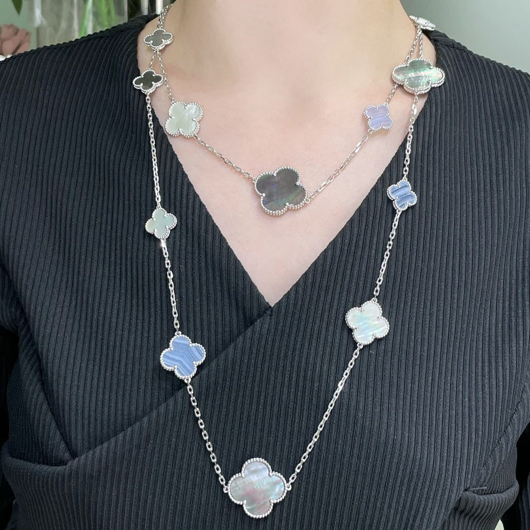 [⭐moonlume]CLOVER 16 MOTIF CHALCEDONY MOP SILVER NECKLACE