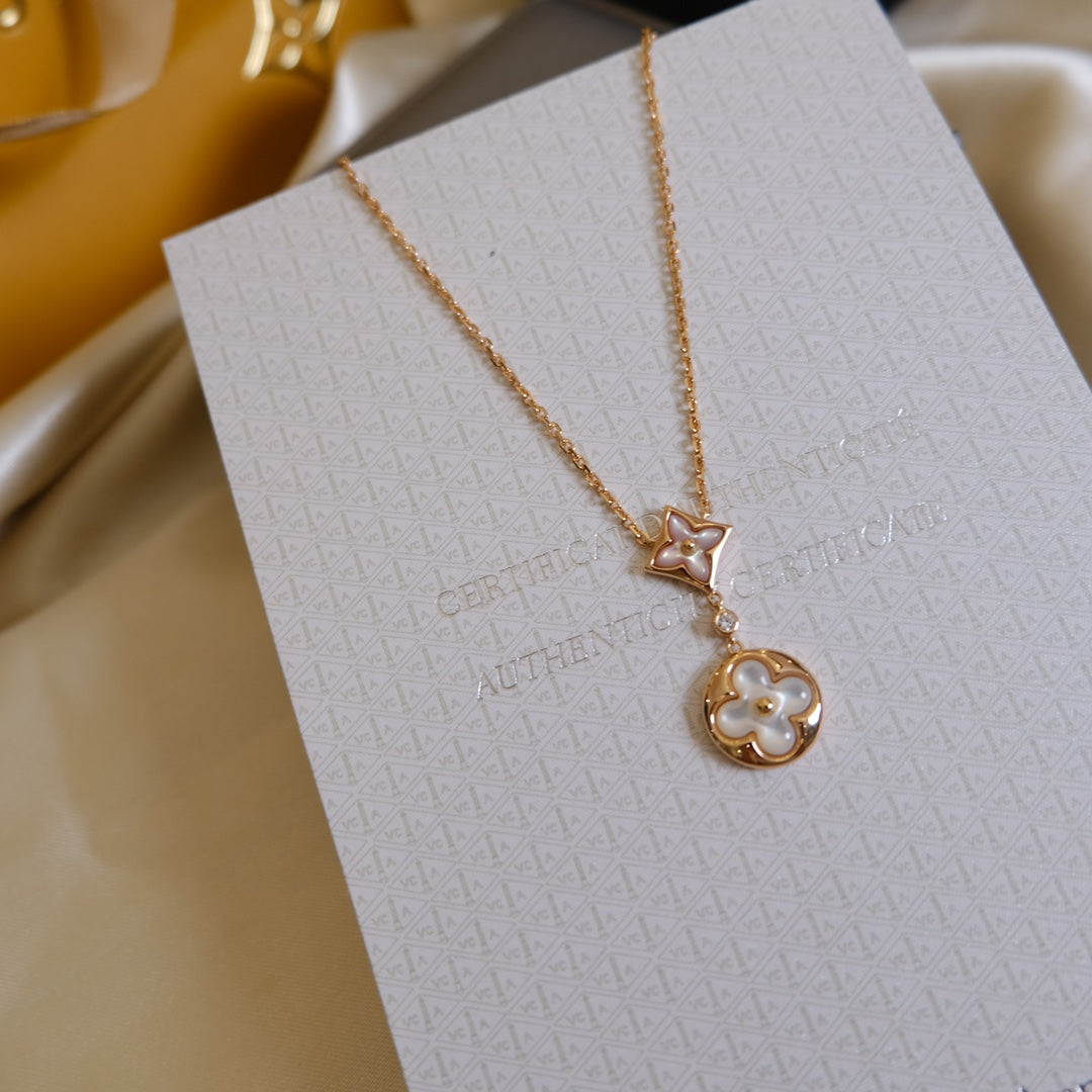 [⭐moonlume]STAR AND SUN WHITE MOP 2 MOTIF PINK GOLD NECKLACE